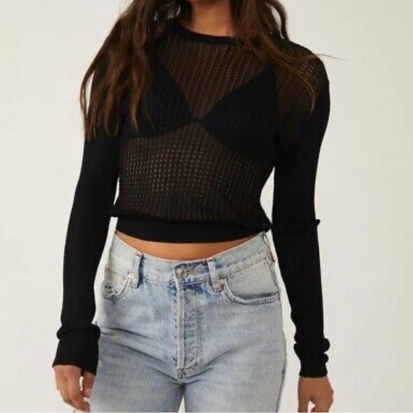 Free People Tops - Free People NWT H2O Sheer Knit Crew Pullover in black. Size medium
